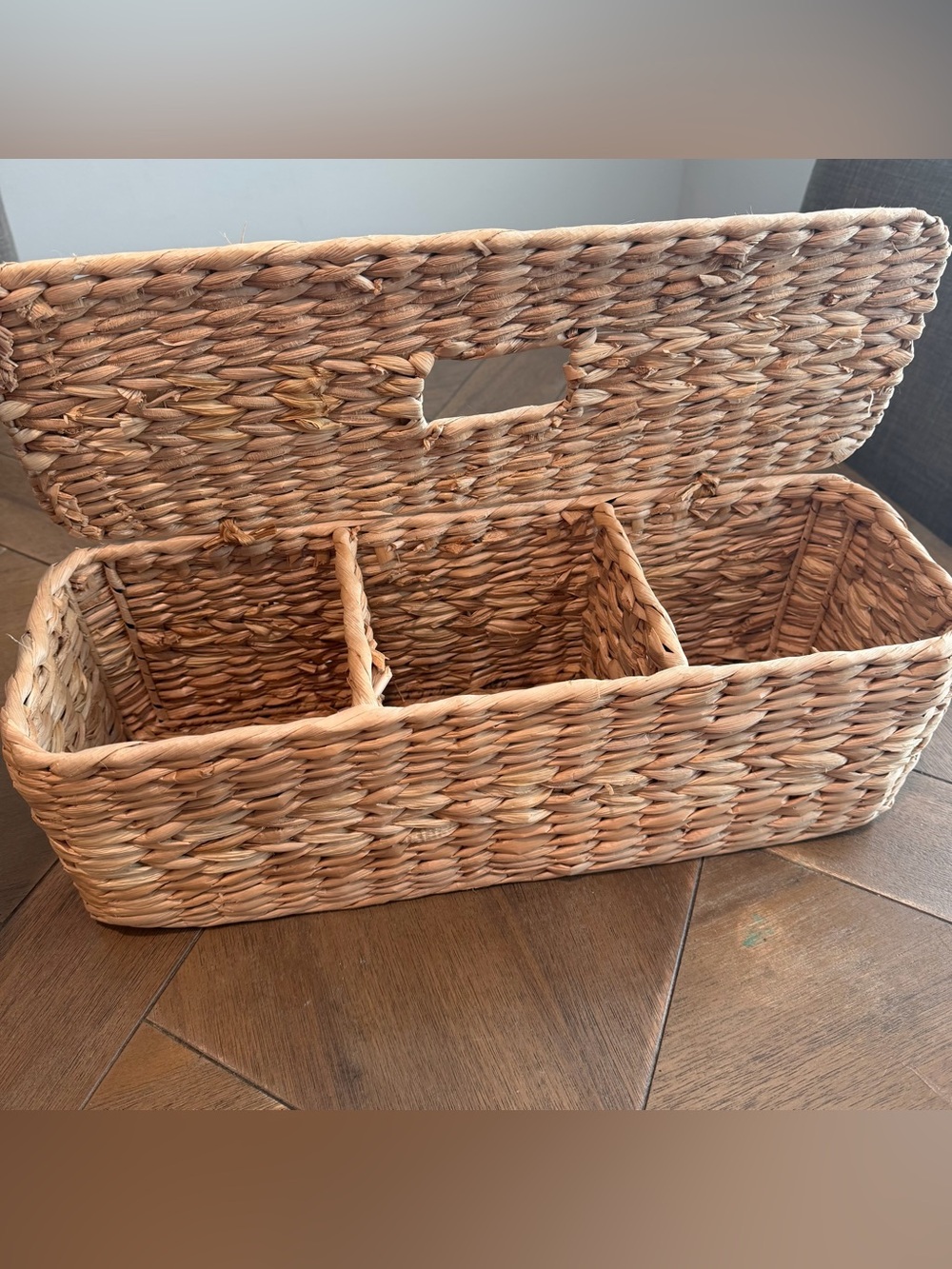 Vintage natural Fiber Hand Woven Rattan 3 section Woven Basket organizer w/Cover